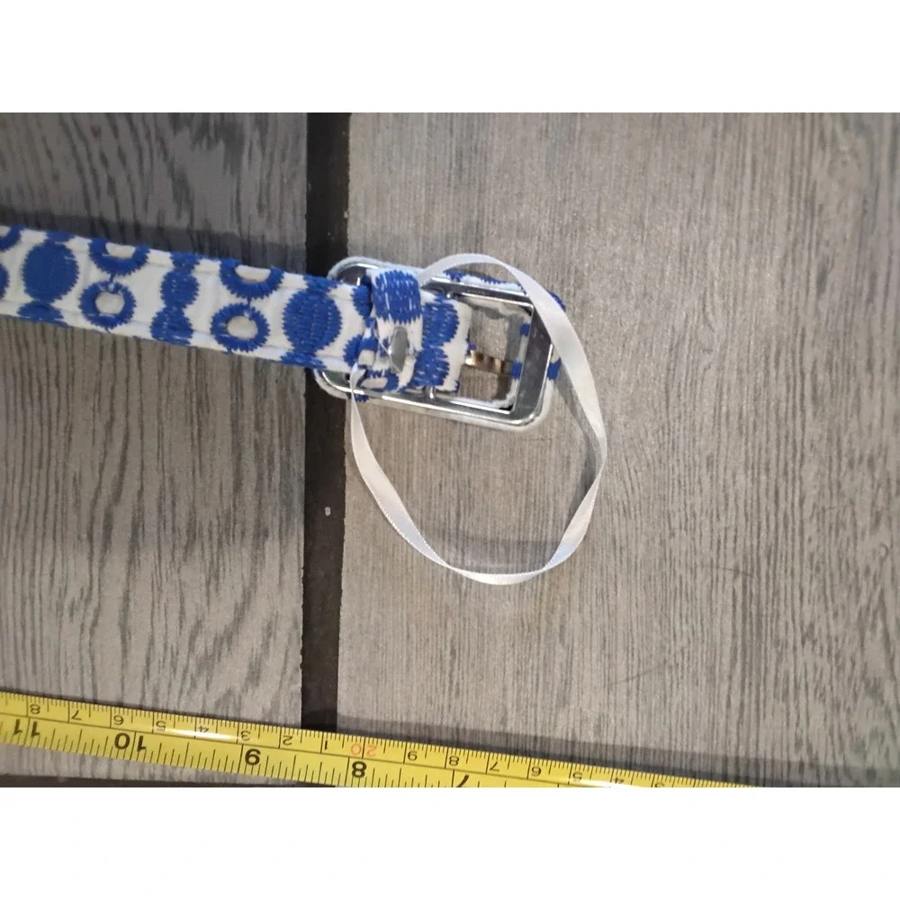Blue White Geometric Embroidered Fabric Belt Silver Buckle Grommet 40 Inch